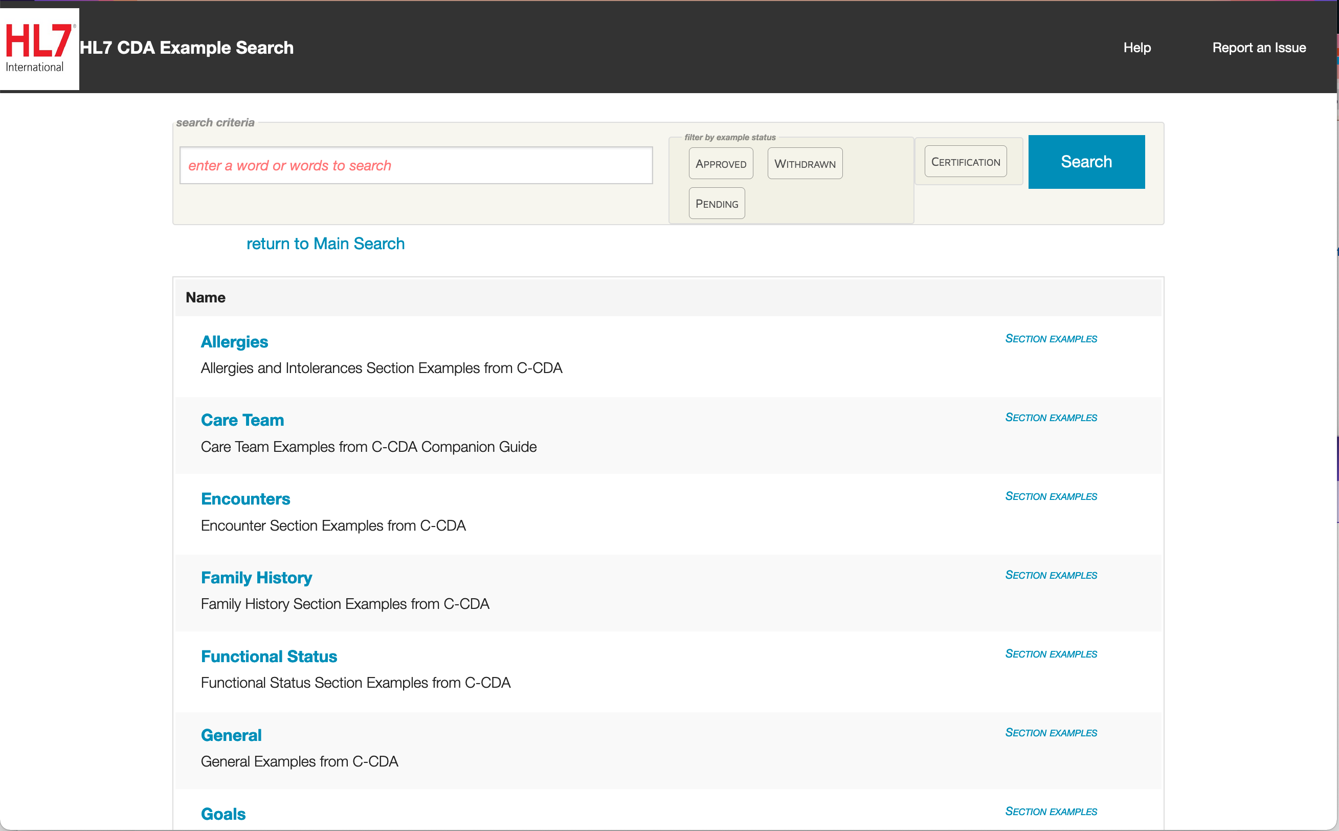 screenshot of HL7 Clinical Document Architecture Examples